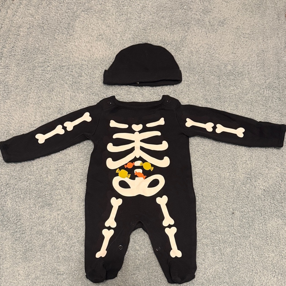Carter's Black Skeleton One-Piece with Candy Graphic and Hat